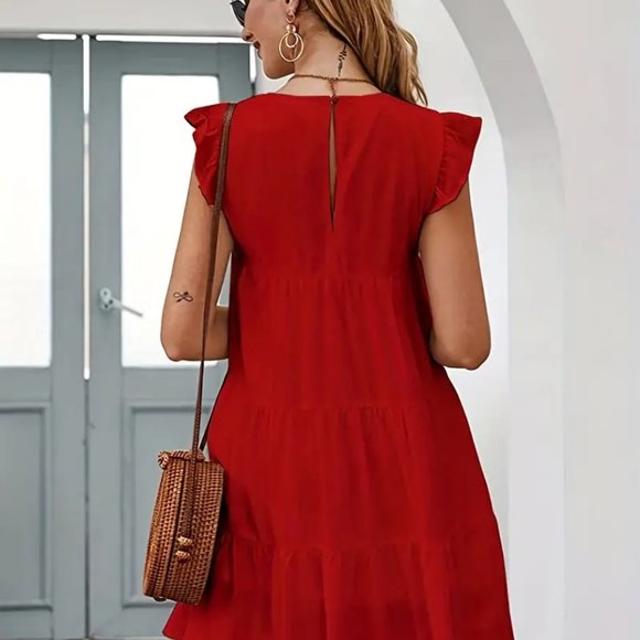 Red Solid Ruffle Trim Dress, Elegant Crew Neck Dress - Picture 5 of 5